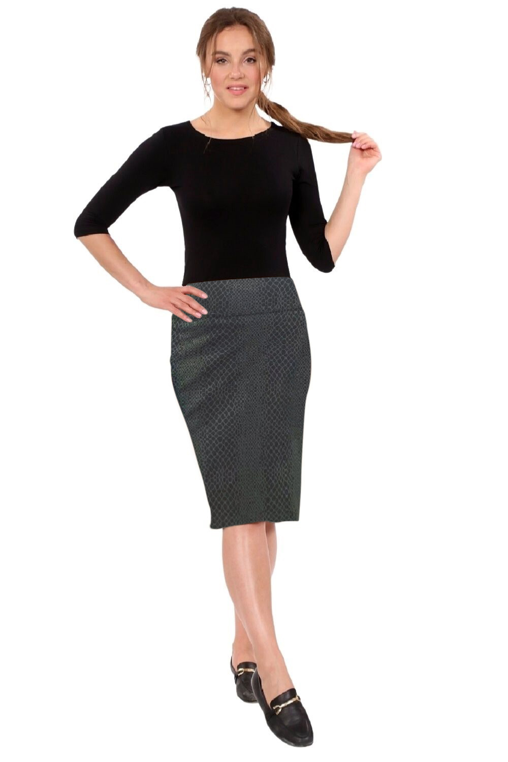 Knee-length pencil skirt in black olive snakeskin print cotton spandex, fitted stretch cut