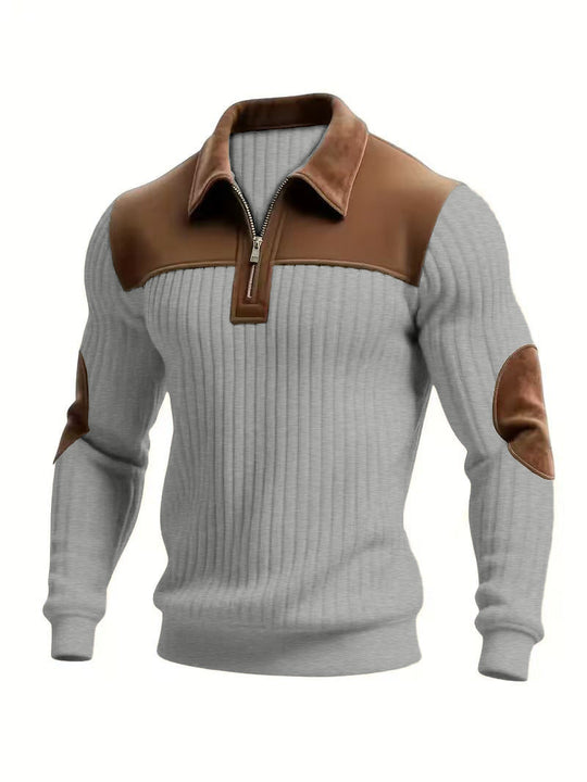 Patchwork-Strickpullover mit Reißverschluss, mittelgrau und braune Ärmel- und Front-Einsätze