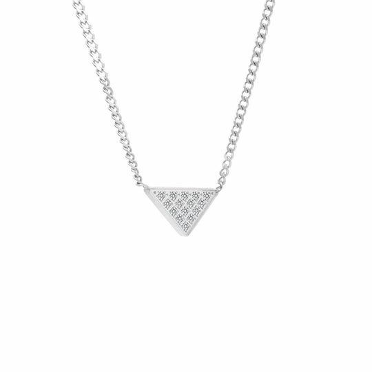 Stainless steel triangular pendant necklace with pavé crystal design on the centerpiece