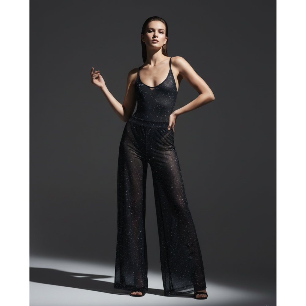 Night Sky beach pants, full-length wide-leg flares with glitter-speckled mesh