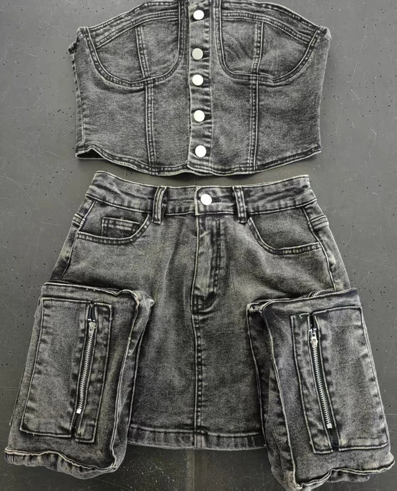Stone-washed dark denim two-piece: button crop top and high-waist mini skirt