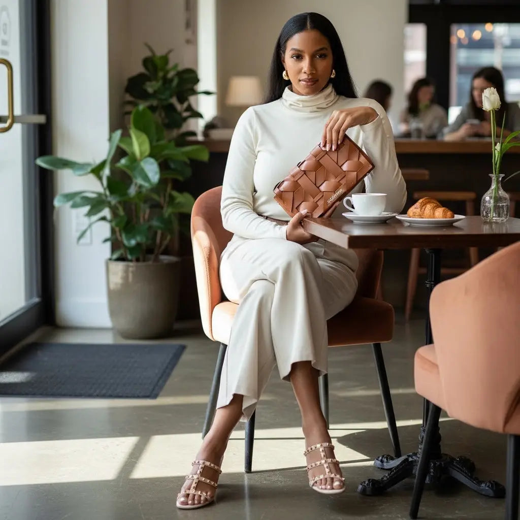 THE ZENOBIA WOVEN CLUTCH in camel-brown woven pattern, held by top handle