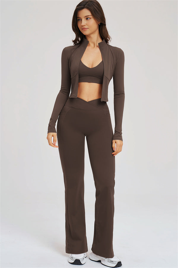 Taupe 3-piece set with zip jacket, sports bra, and flared leggings