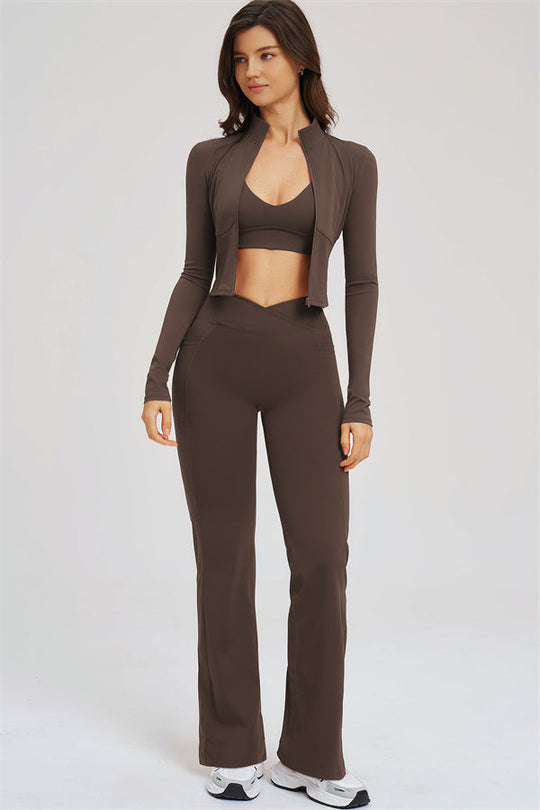 Taupe 3-piece set with zip jacket, sports bra, and flared leggings