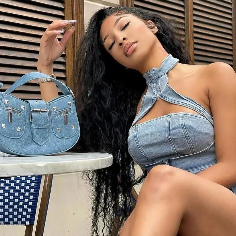 Blue denim two-piece mini dress set, halter crop top and high-rise skirt