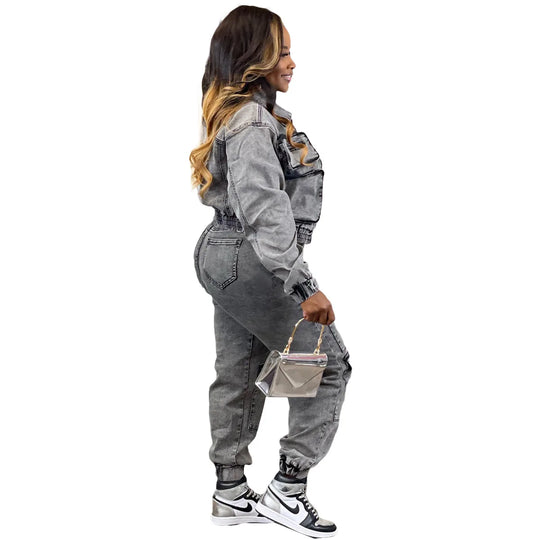 Dark gray denim zip-up jacket and cargo pants set, side profile