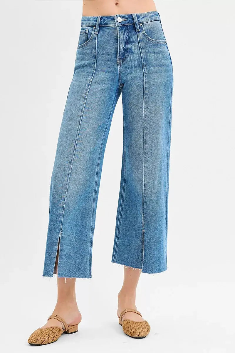 Medium-wash wide-leg crop jeans with front slit and mid-rise waistband