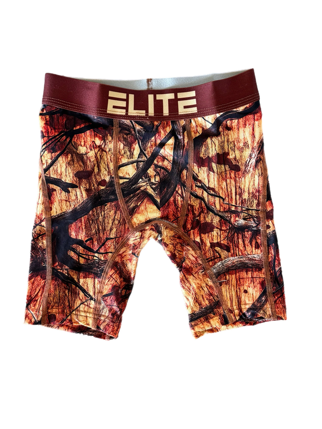 Men’s camo boxer briefs with elastic waistband, maroon and black graphic pattern