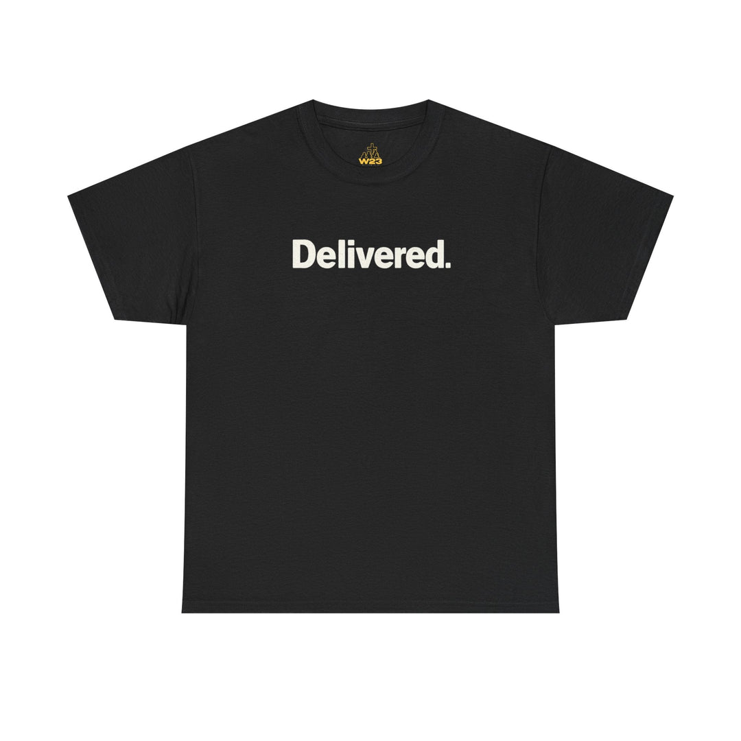 Black Delivered. graphic T-shirt with small neck logo, crew neck