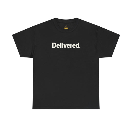 Black Delivered. graphic T-shirt with small neck logo, crew neck