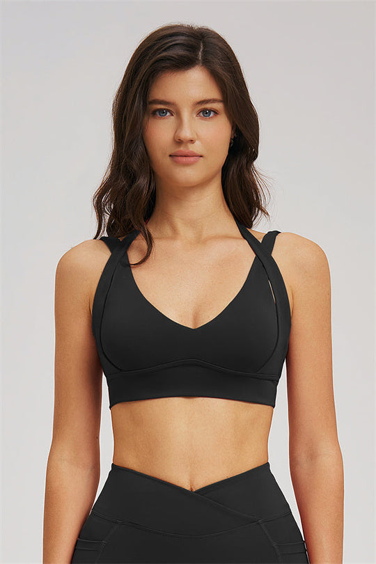 Black V-neck sports bra with racerback and wide underband