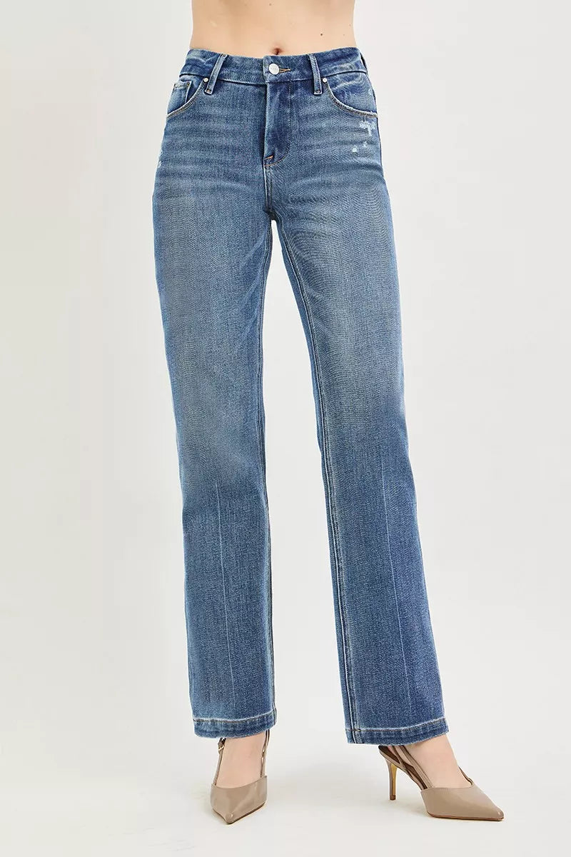 Medium wash straight jeans with button fly, belt loops, center crease detail