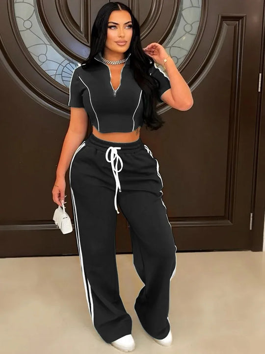 Black athletic set by Purplish Diva: short zip hoodie crop top and drawstring joggers