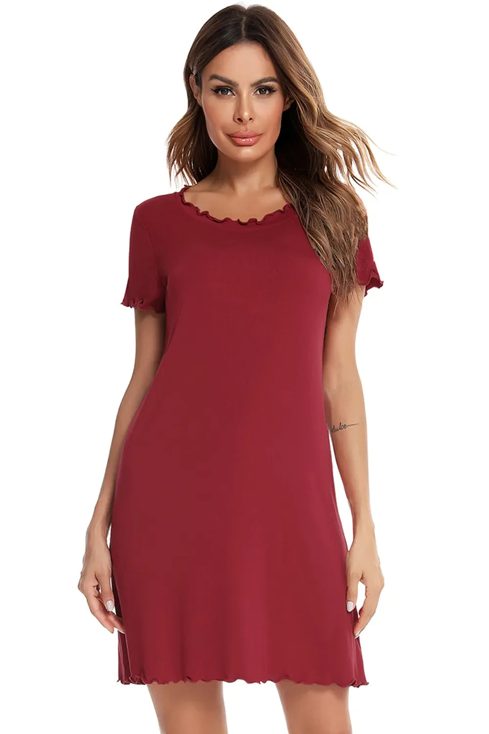 Scarlet round-neck short-sleeve lounge dress, scalloped neckline and cuffs