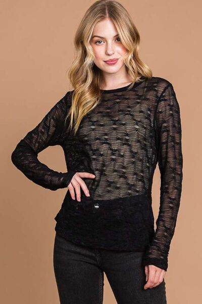 Black mesh women’s long-sleeve top with round neck, fitted waist
