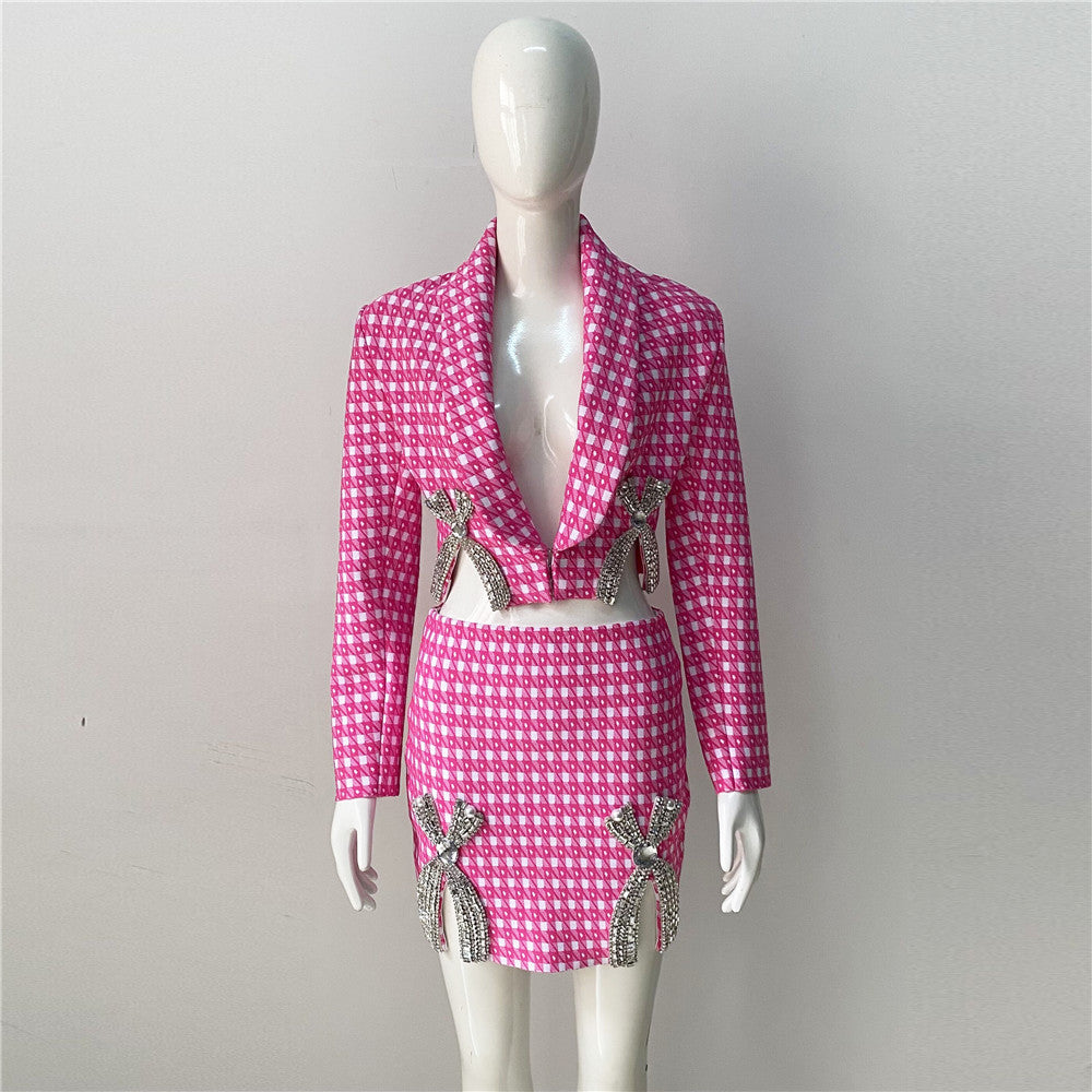 Pink rhinestone bow knit co-ord set: deep V coat and matching mini skirt