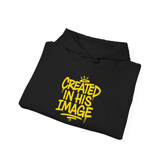 Black hoodie front detail with hood drawstring and yellow &