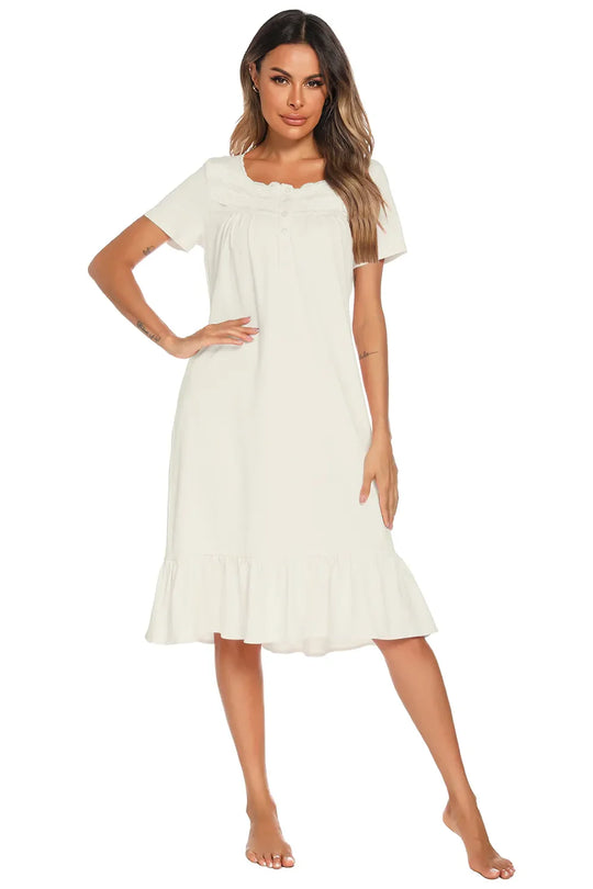 White square-neck lounge dress with lace trim and buttoned neckline