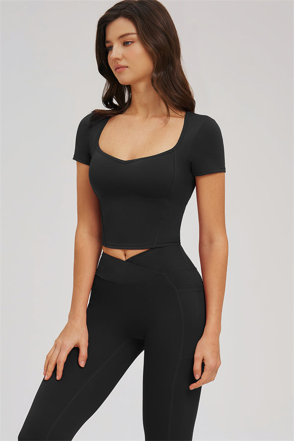 Black crop T-shirt and leggings set, front view with square neckline