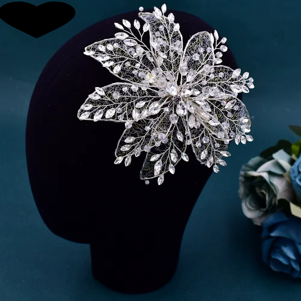 Silver crystal leaf tiara headband with netted filigree and teardrop rhinestones