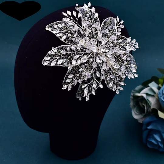 Silver crystal leaf tiara headband with netted filigree and teardrop rhinestones