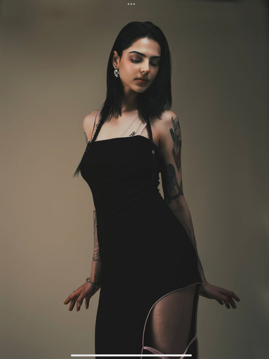 Gao cutout maxi dress, black front view with spaghetti straps and side cutout