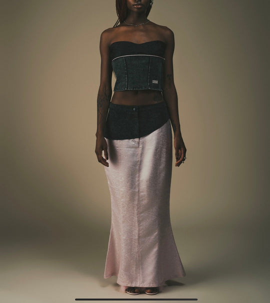 Fei Patch Maxi Skirt: light pink maxi skirt with dark patch at the waist.
