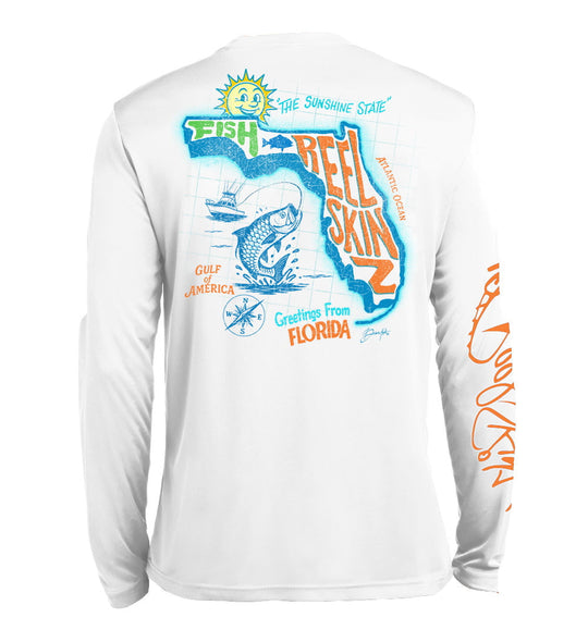 Sunny Florida long-sleeve white shirt with Florida fish map graphic on back