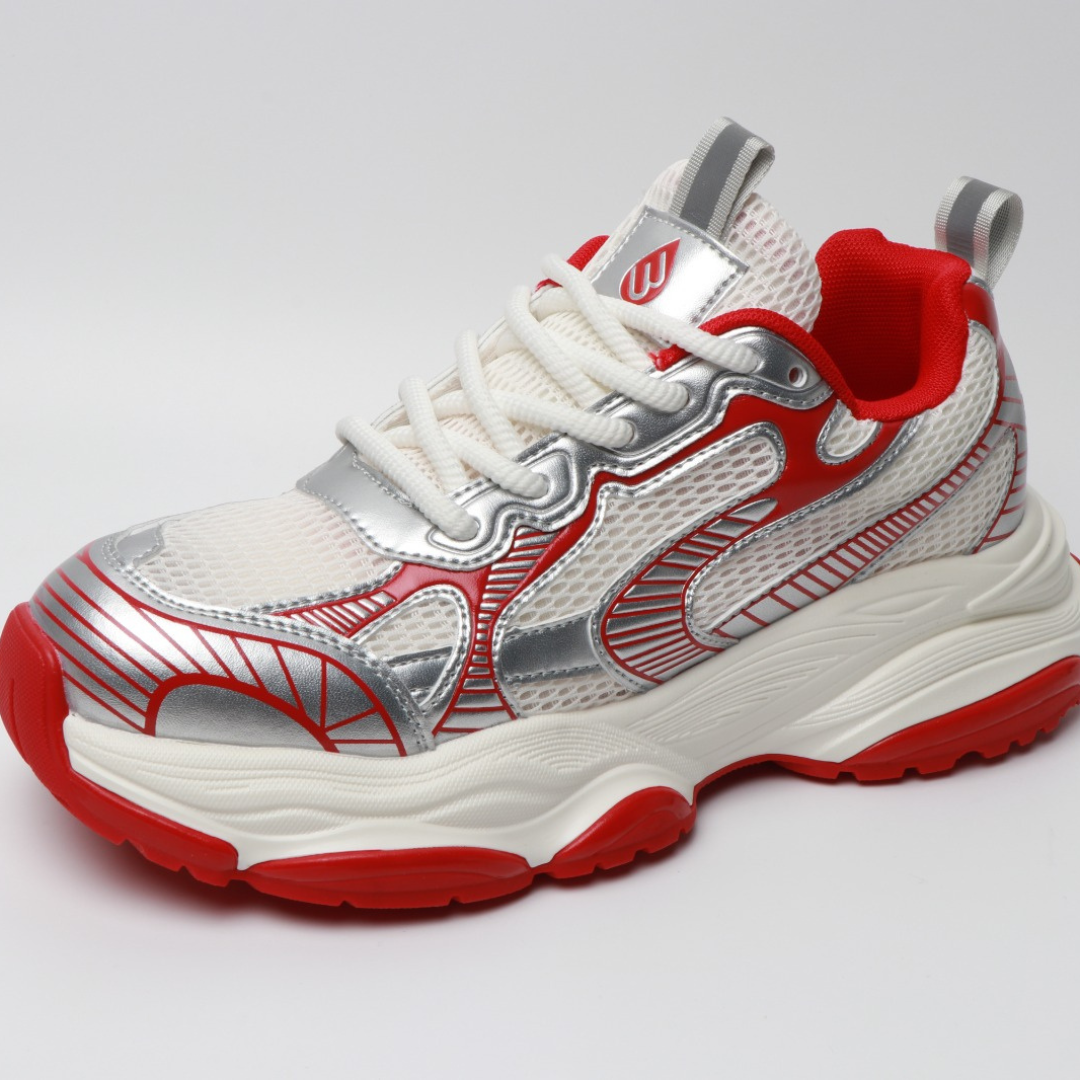 Enzo Motion X sneaker in white with red collar lining, silver details, lace-up closure