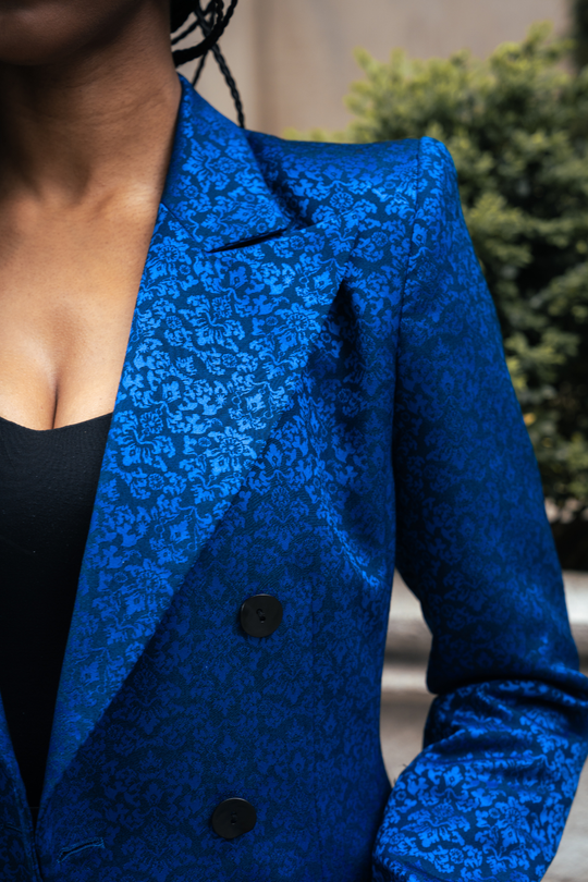 PREMIER blazer blue patterned, shawl collar and black button front