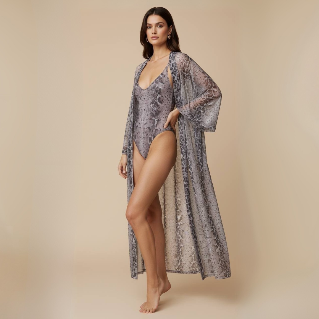 Kimono Luxe Beach mit Schlangenprint, offene Front, lange Ärmel, lang