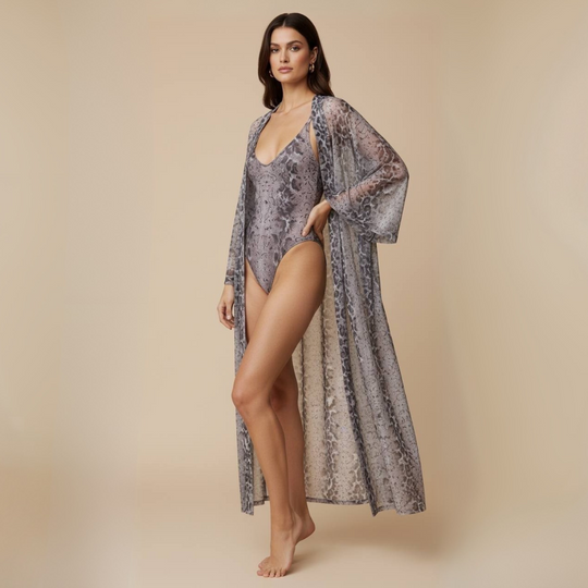 Kimono Luxe Beach mit Schlangenprint, offene Front, lange Ärmel, lang