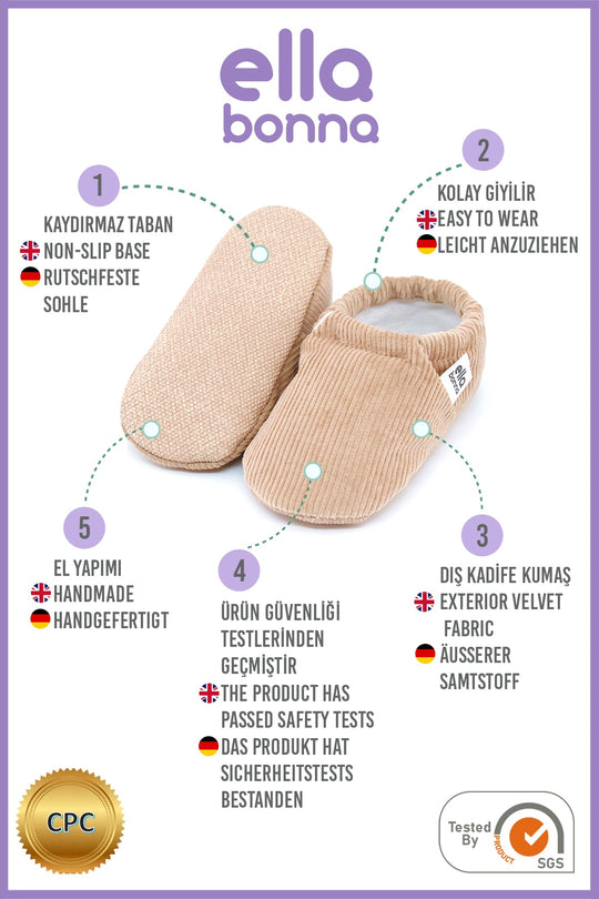 ella bonna product features infographic for baby moccasin slippers