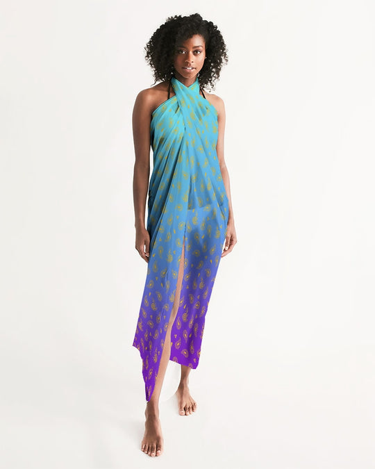 Peacock henna halter swim cover-up, turquoise fabric with gold paisley print