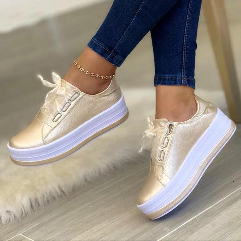 Light gold lace-up platform sneakers, round toe, tulle bow on laces, chunky sole