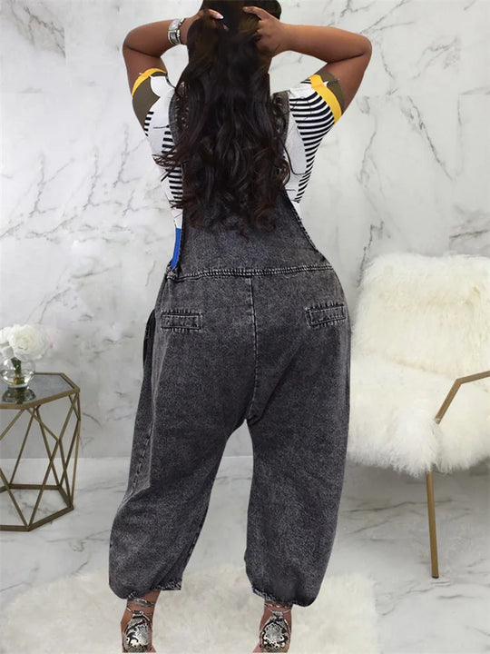 Wmstar dark grey denim cargo jumpsuit, wide-leg one-piece, back waistband pocket detail