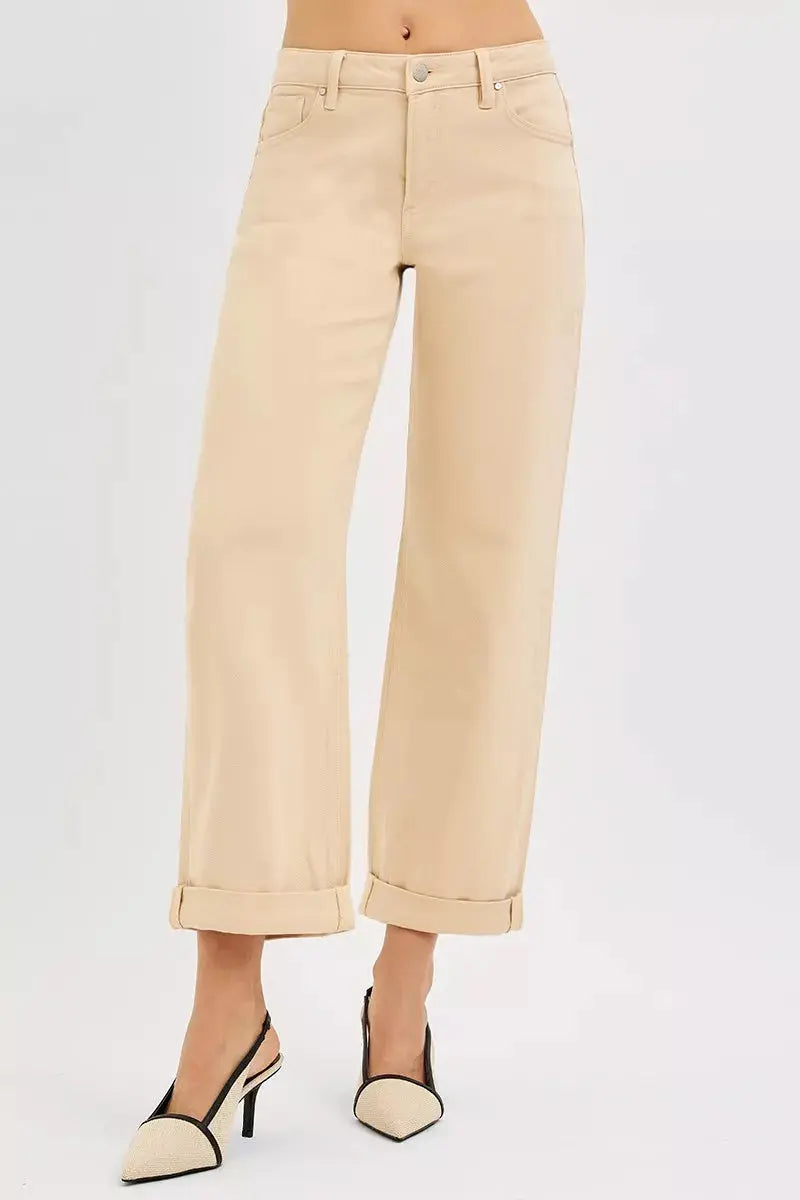 Butter milk mid-rise relaxed barrel jeans, front view with pockets and belt loops