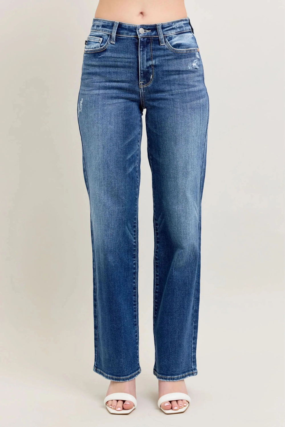 High-waist straight-leg denim jeans, medium blue wash, belt loops and front patch pockets