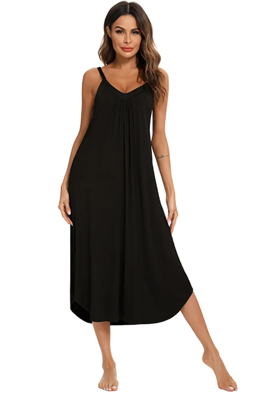 Front view of black V-neck midi lounge dress with thin straps and flowing A-line skirt