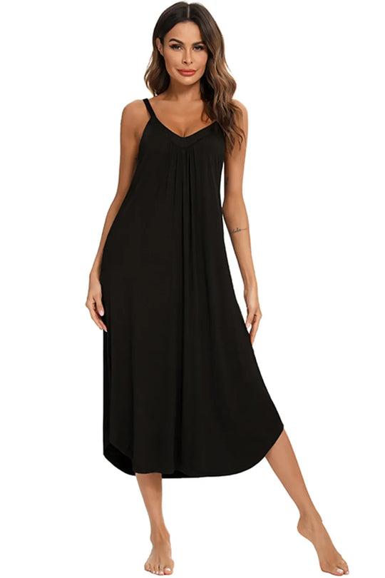Front view of black V-neck midi lounge dress with thin straps and flowing A-line skirt