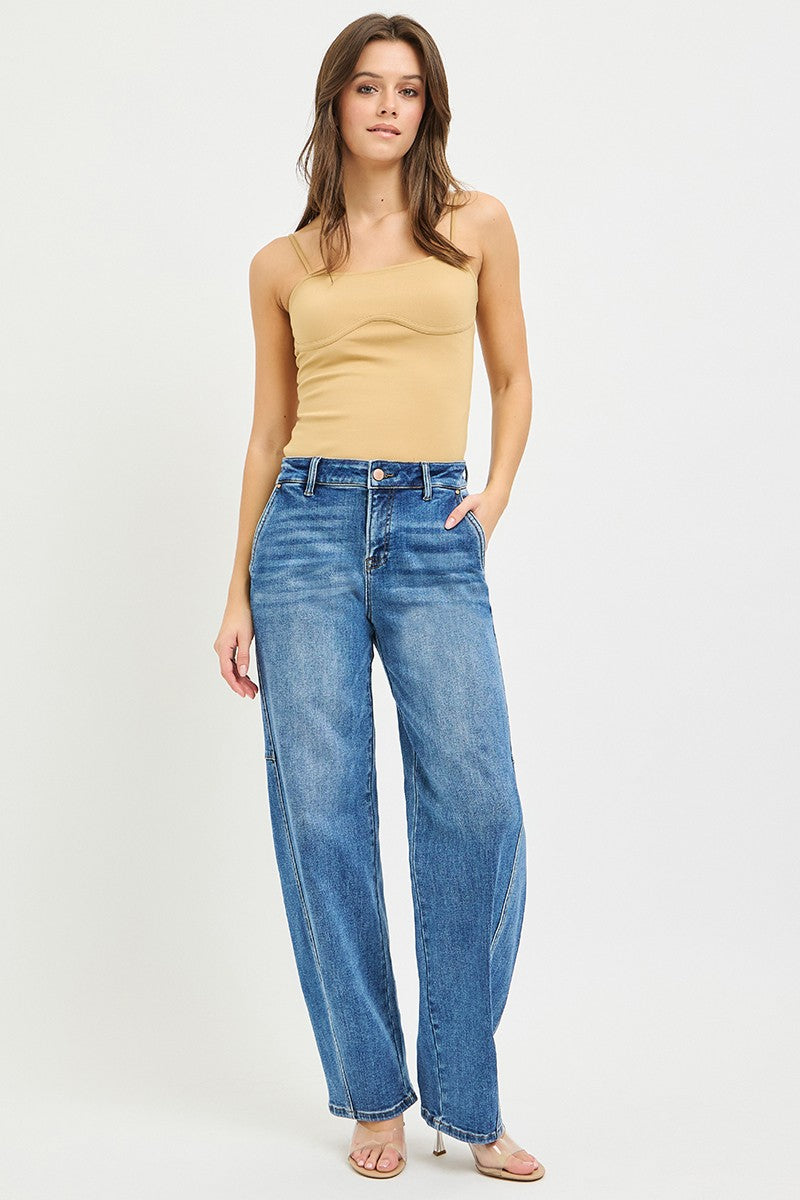 RISEN slouchy baggy jeans, medium wash, front button closure and relaxed silhouette