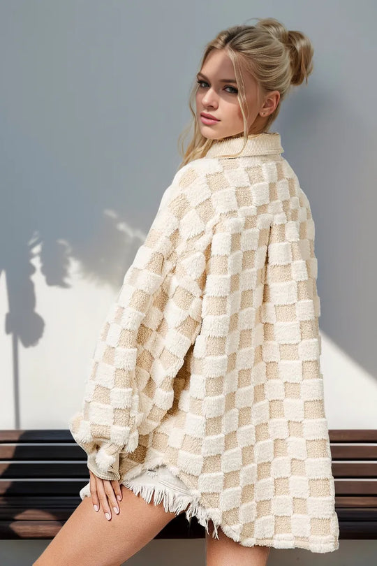 Cream fuzzy checkered shacket, high back collar, long sleeves, frayed hem