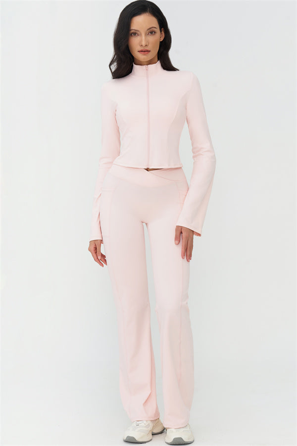 Light pink 2-piece set: high-neck jacket and flared leggings, sleek seam detail, full length