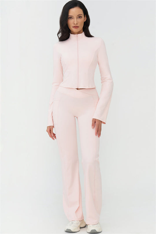Light pink 2-piece set: high-neck jacket and flared leggings, sleek seam detail, full length