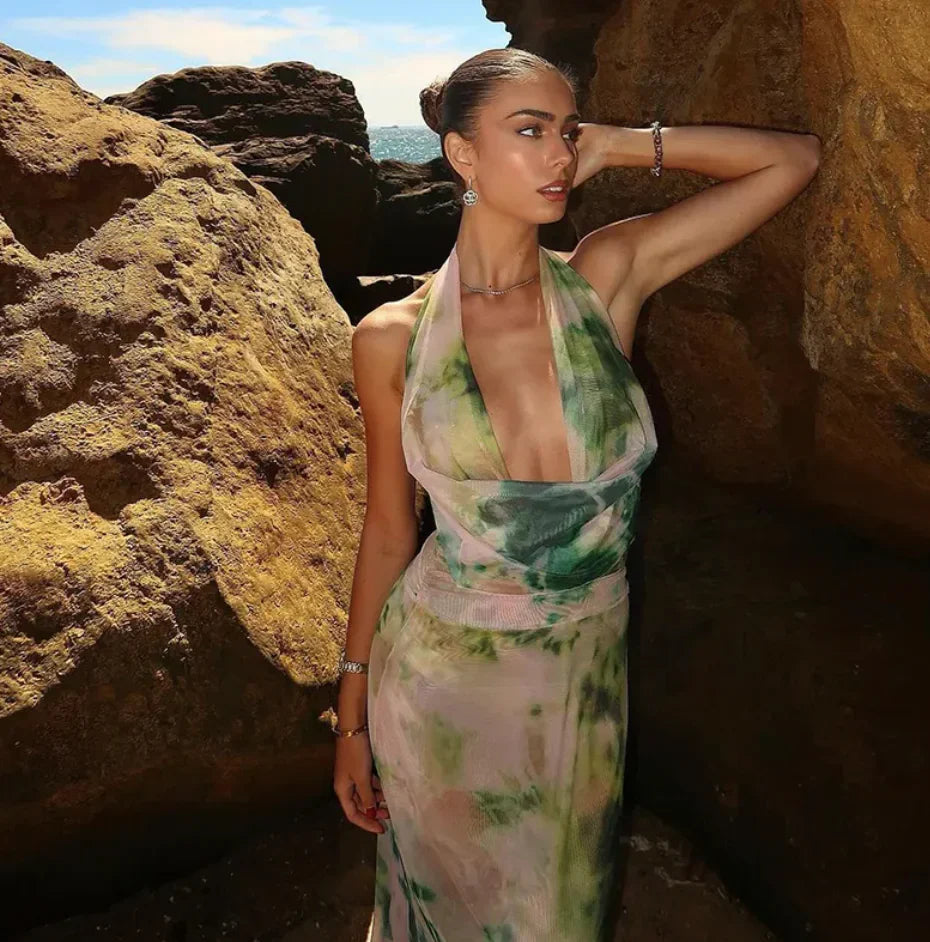 Green tie-dye halter backless maxi dress set, backless halter style
