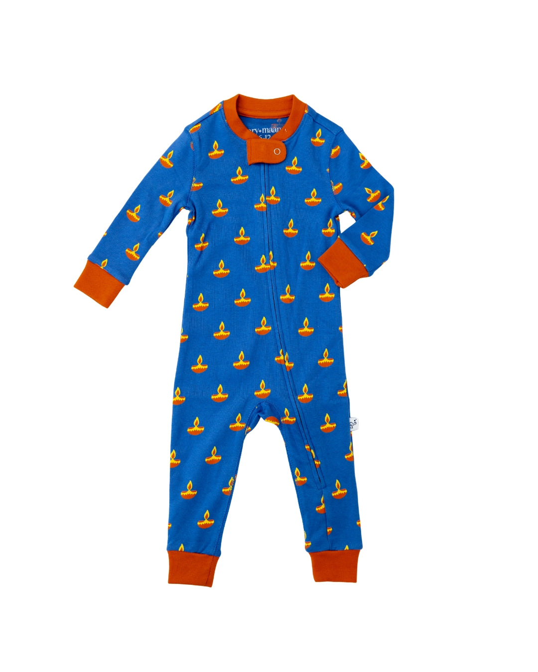Blue footed one-piece baby sleeper with yellow diya motifs, orange cuffs and front placket