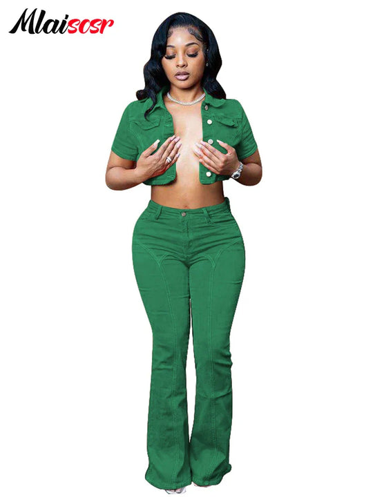 Green flare jeans and matching crop denim top, high-rise stretch with chest pockets