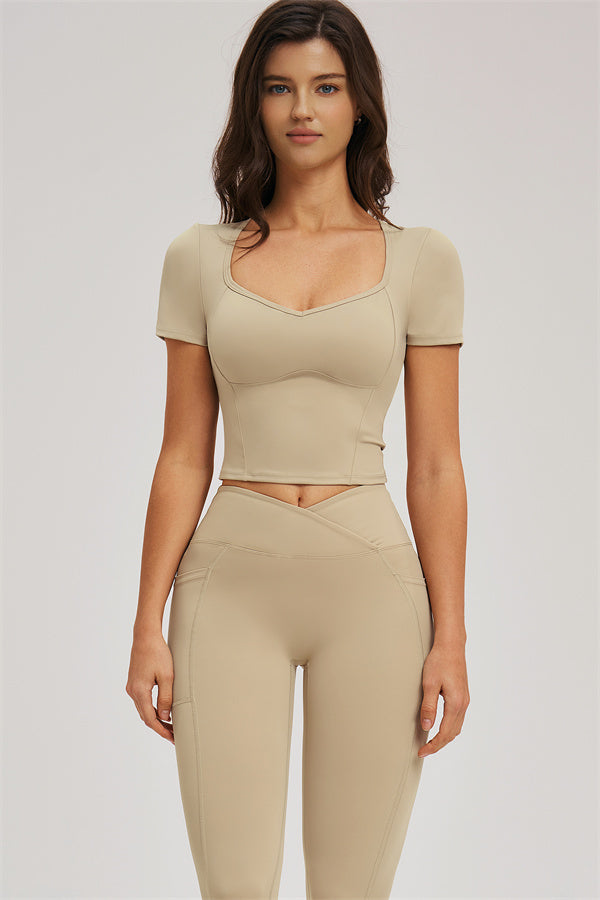 Almond crop T-shirt and high-waist leggings set, front