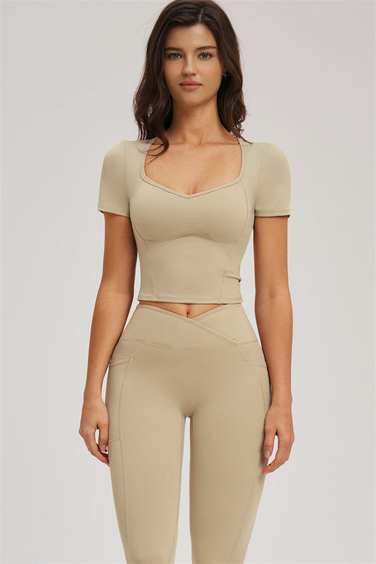 Almond crop T-shirt and high-waist leggings set, front
