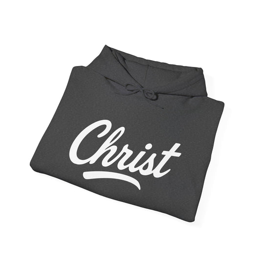 Dark gray hoodie with white “Christ” script graphic on the chest